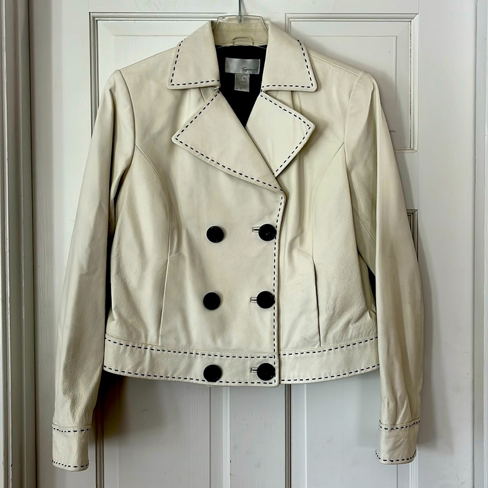 Womens Cream Double-Breasted Leather Jacket with Contrast Stitching